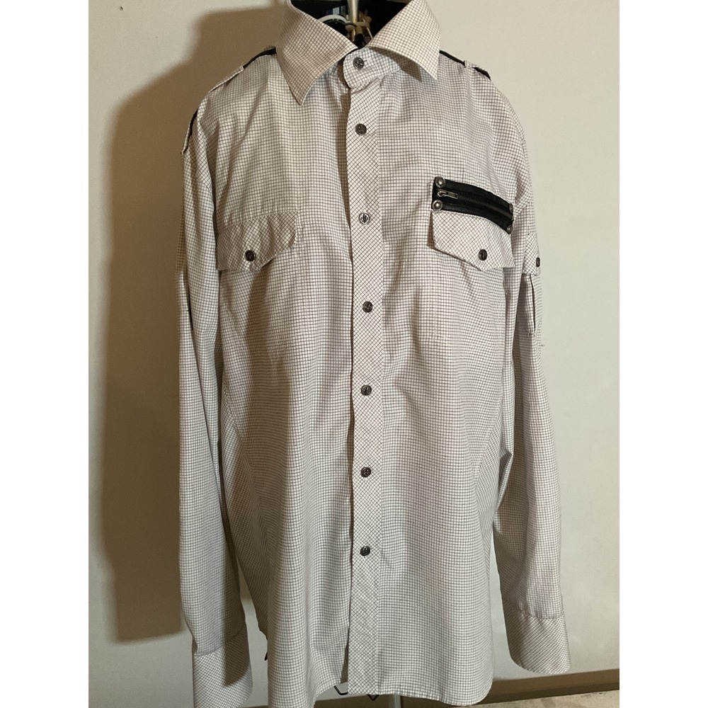 Toku Mens White Black Grid Button Down Shirt Fleur De Lis Military Epaulettes XL